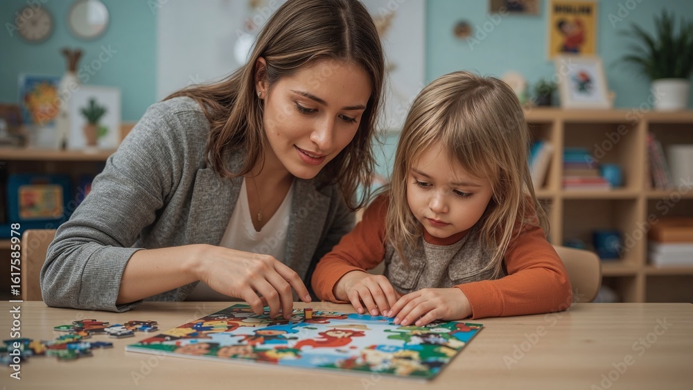 Fototapeta premium Woman and child working together on a colorful jigsaw puzzle.