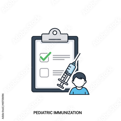 Illustration of a clipboard with a checklist, a syringe, and a child, representing pediatric immunization.