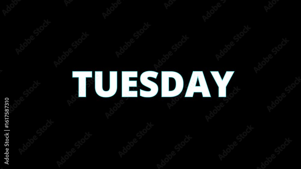 Animated TUESDAY text. Dynamic motion with modern effect. Transparent alpha channel. Great for video projects, presentations, event announcements. High-quality motion graphic, loopable.