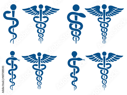 Blue Caduceus and Rod of Asclepius Icons – Medical Symbol Vector Collection