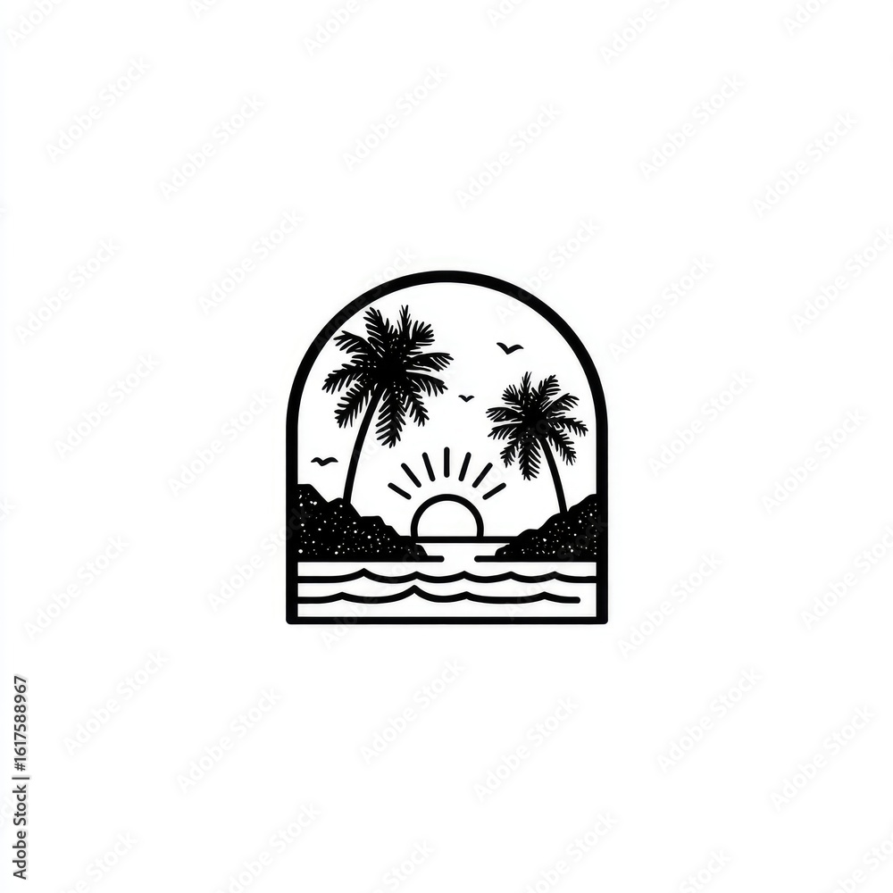 Naklejka premium Simple black and white graphic of tropical sunrise