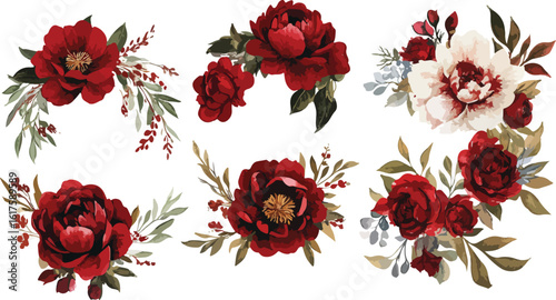 Elegant Watercolor Floral Arrangements with Deep Red and Cream Peonies on White