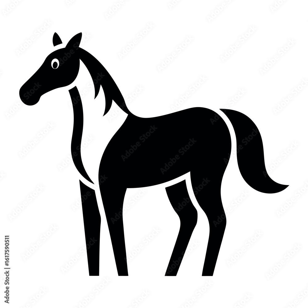 Obraz premium Black and White Illustration of a Standing Horse with Stylized Mane and Tail