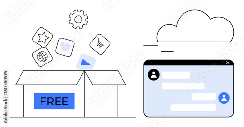 Open box labeled Free releasing app icons, browser window with messaging interface, cloud icon. Ideal for technology, apps, communication, software, data storage, cloud computing simple landing page