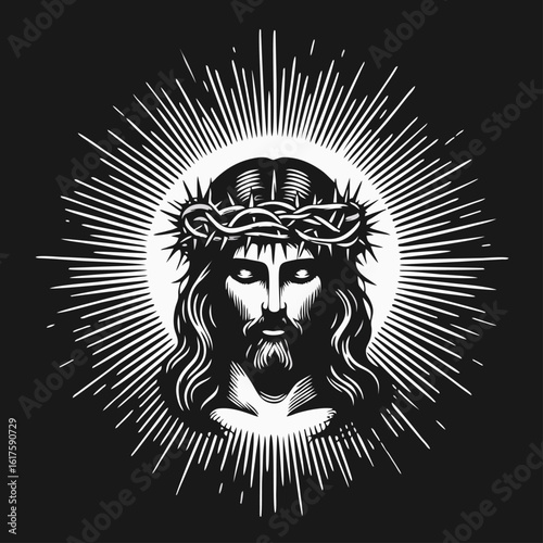 Silhouette of Jesus Christ with a crown of thorns, cross on chest, and radiating light.