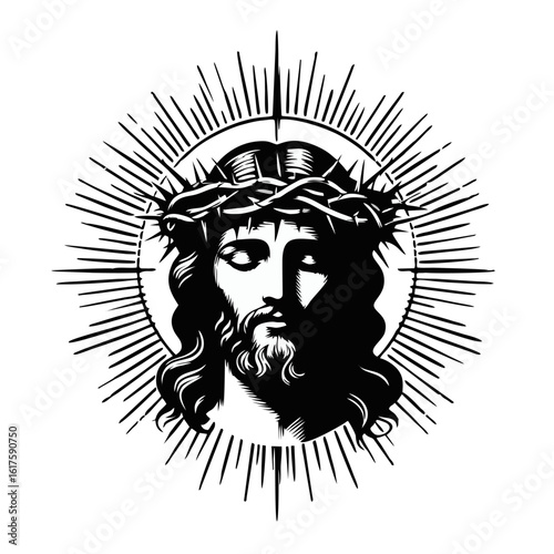 Silhouette of Jesus Christ with a crown of thorns, cross on chest, and radiating light.
