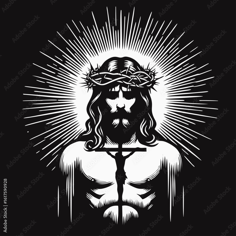 Obraz premium Illustration of Jesus Christ wearing a crown of thorns, with a crucifix and radiating light on a dark background.