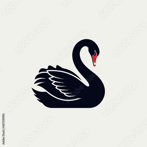 Vector art of elegant black swan with red beak isolated on white background
