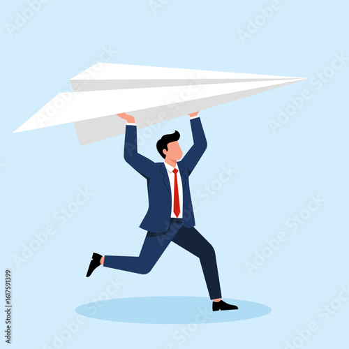 Illustration of a businessman running while holding a large paper airplane, symbolizing business launch and ambition.