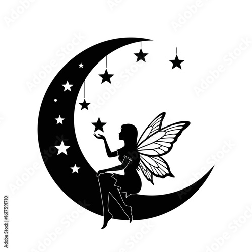 Vector art of fairy sitting on the moon silhouette isolated on white background