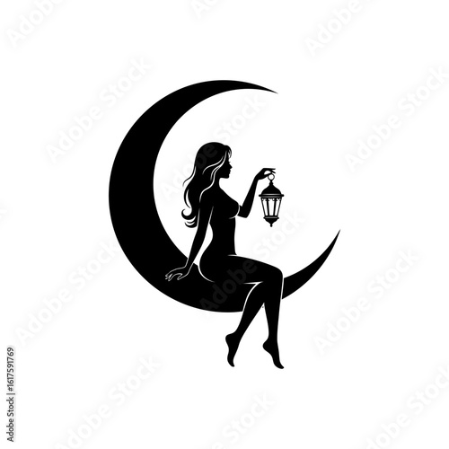 Vector art of silhouette of a woman with a lantern sitting on the crescent moon