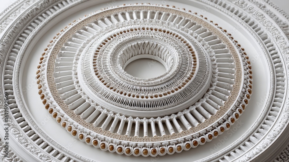 Obraz premium Intricate white architectural ceiling with detailed molding and concentric circular patterns showcasing classic craftsmanship and elegant design elements