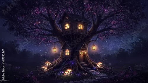 Enchanted Treehouse Night Scene.