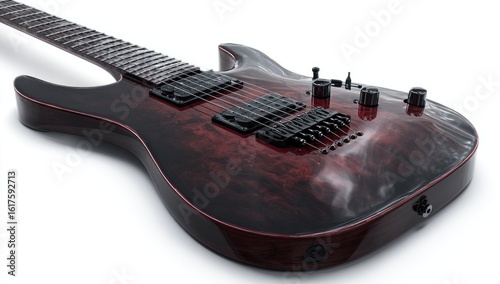 Dark red electric guitar angled shot