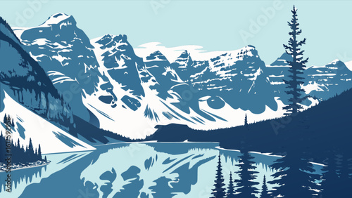 Mountain lake landscape vector illustration for travel and nature themed designs and background scenery usage