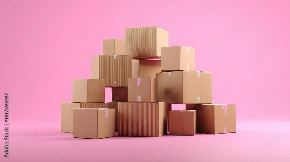 Fototapeta premium Stacked cardboard boxes on soft pink background for shipping concept