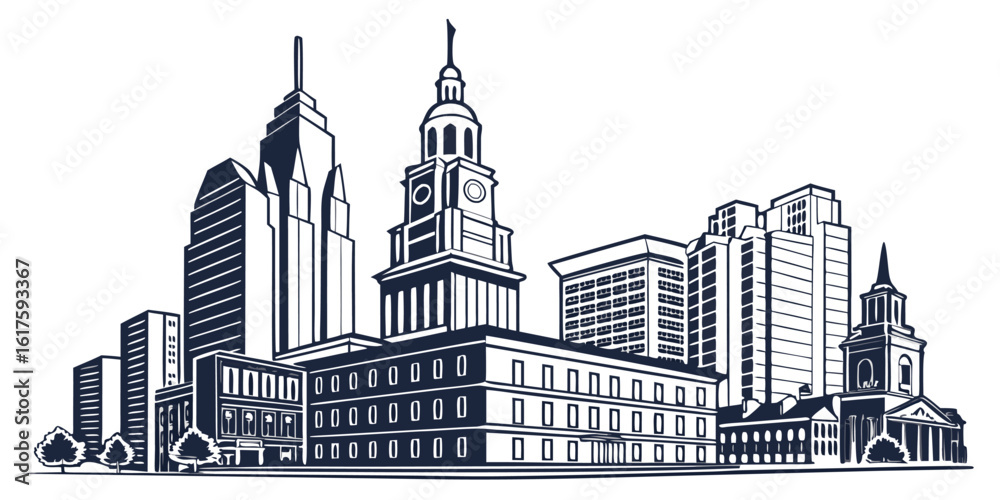 Fototapeta premium Philadelphia Skyline Vector: Liberty Place, Comcast Technology Center & Independence Hall