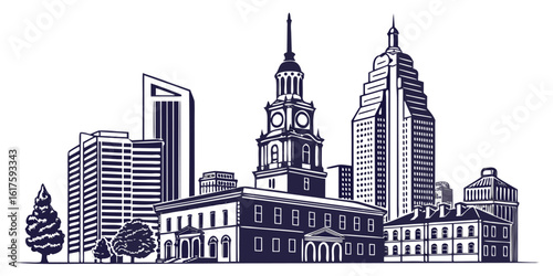 Philadelphia Cityscape Vector Art - Liberty Place, Comcast Tower, Historic Downtown