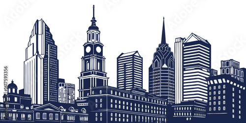 Vector Philadelphia Silhouette: Iconic Liberty Place, Comcast Center & Independence Hall