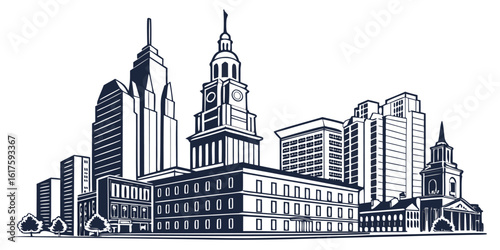 Philadelphia Skyline Vector: Liberty Place, Comcast Technology Center & Independence Hall