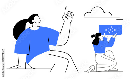 Two figures in a casual setting discussing coding ideas, one pointing upwards. Ideal for teamwork, creativity, brainstorming, coding, innovation, education, simple landing page