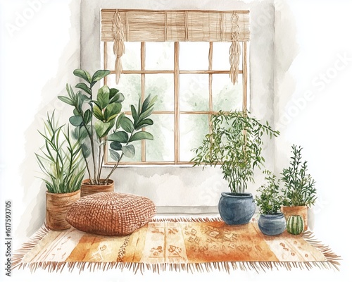 watercolor white background boho interior decor in flat vector style, minimalist room layout with macrame and indoor plants 