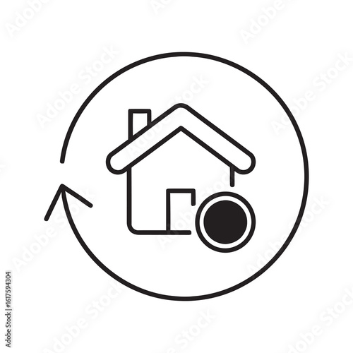 Home renovation icon with house and refresh arrow for property renewal and real estate cycle representing home improvement and flipping project line vector stroke