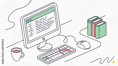 Vector illustration of online shopping on computer with laptop keyboard and office desk setup