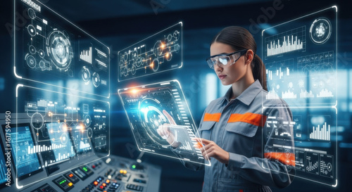 Futuristic control room female engineer interacts with digital interface advanced technology data visualization innovation modern industry smart factory confident expression