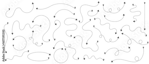 Line with plane icon for travel and flight trip, air map. Dashed route with dots and trace for airport plan or destination background. Simple graphic elements set