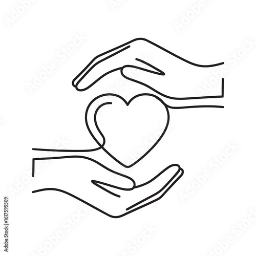 Health care icon with hands holding heart for charity and donation service representing love compassion and medical insurance protection symbol line vector stroke