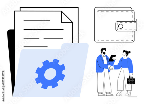 Folder with papers and gear icon, wallet graphic, two business professionals shaking hands. Ideal for partnership, teamwork, finance, contract, strategy organization office scenarios. Simple flat