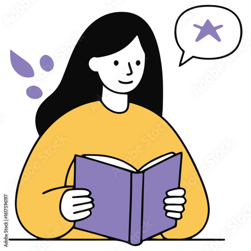 Inspired learner discovering new ideas while reading an open book with a star thought bubble