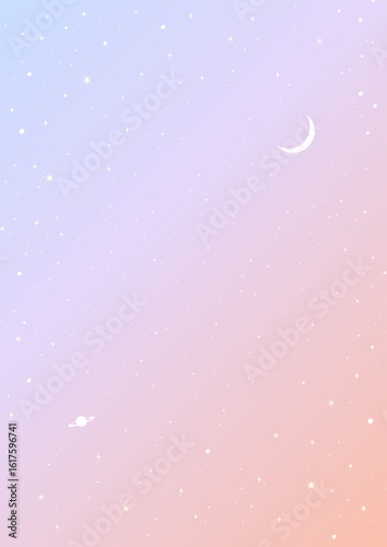 ピンクと紫のグラデーションの星空にうかぶ月と土星の背景ベクターイラスト　A4サイズ縦