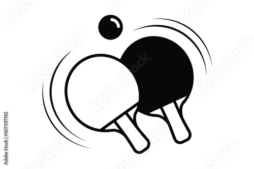 Ping Pong Paddles with Ball in Motion Black and White Icon