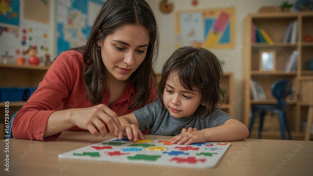 Fototapeta premium Woman and child engaged in educational puzzle activity.