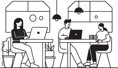 Three people working on laptops in a minimalist black and white coworking space office workspace 1