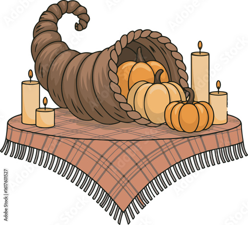 Autumnal Abundance Cornucopia with Pumpkins and Candles on Plaid Tablecloth Illustration