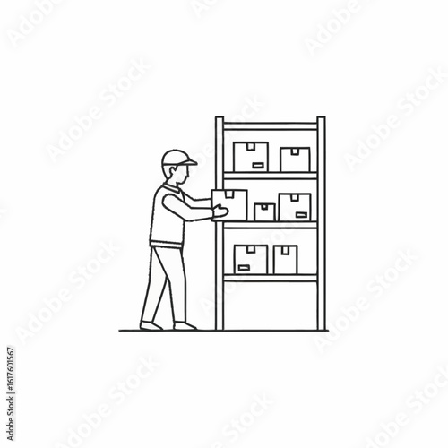 Line art illustration of a warehouse worker managing inventory. A person in a cap places a package onto a storage shelf.
