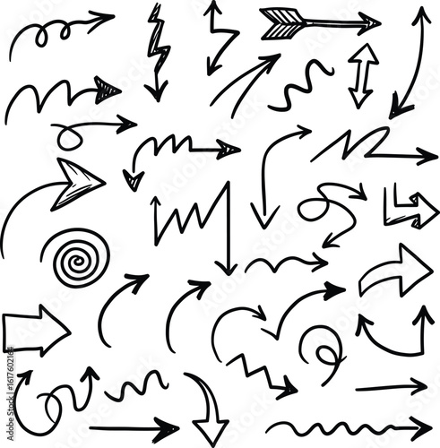 Hand Drawn Arrow Doodle Set – Vector Sketch Arrows Collection Isolated on White Background
