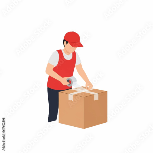 Male courier in a red uniform carefully sealing a cardboard box with adhesive tape. Logistics and shipping service concept illustration.