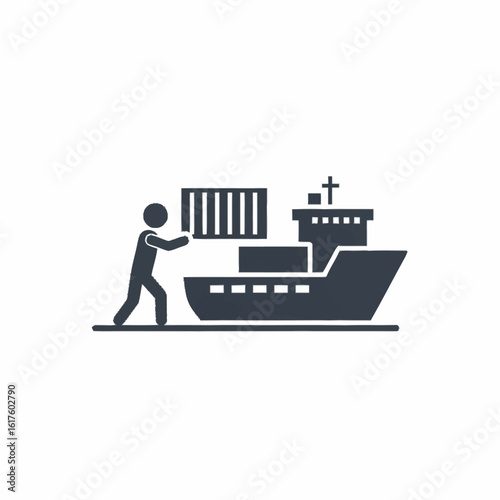 Global shipping and cargo logistics concept. Solid glyph icon of a worker loading a container onto a freighter ship for delivery.