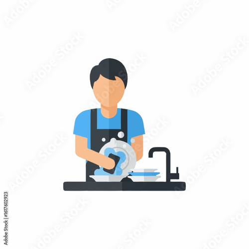 A man wearing an apron washes dishes in a sink. A flat vector icon representing household chores, cleanliness, and the concept of domestic duty.