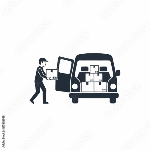 Delivery service worker loading cardboard boxes into a van. Logistics and shipping concept illustration.
