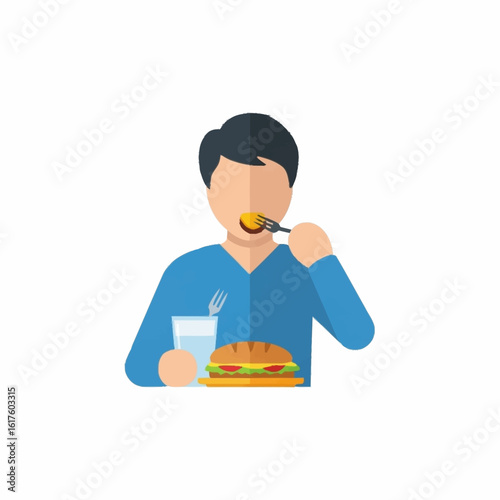 Man having a lunch break with a sandwich and water. Vector icon of a person eating a meal at a table.