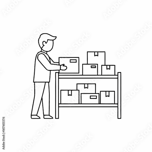 A warehouse worker organizing packages on a storage rack. Line art illustration of inventory management and logistics concept.