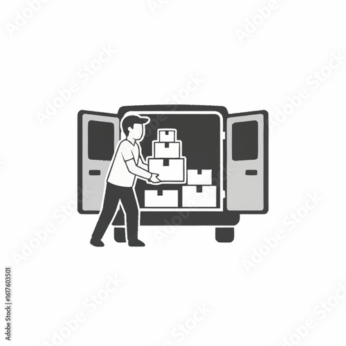 Simple icon of a delivery worker loading cardboard boxes into a van. Moving and logistics service concept.