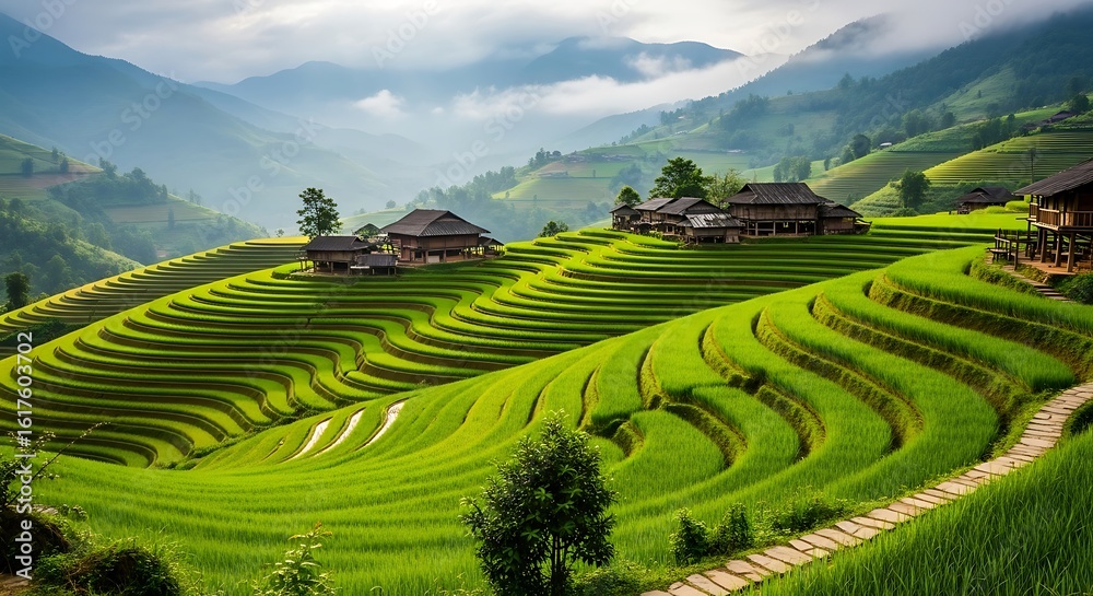 Fototapeta premium Lush green rice terraces cascade down the mountainside in a rural vietnamese village on a misty morning