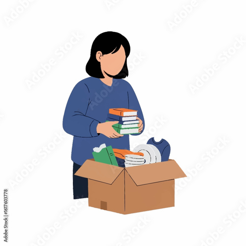 Woman Packing Books and Clothes into Donation Box