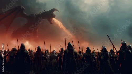 Fantasy action scene of a dragon battle. Medieval soldiers in cinematic battle against flying fire breathing dragon in dark smoke